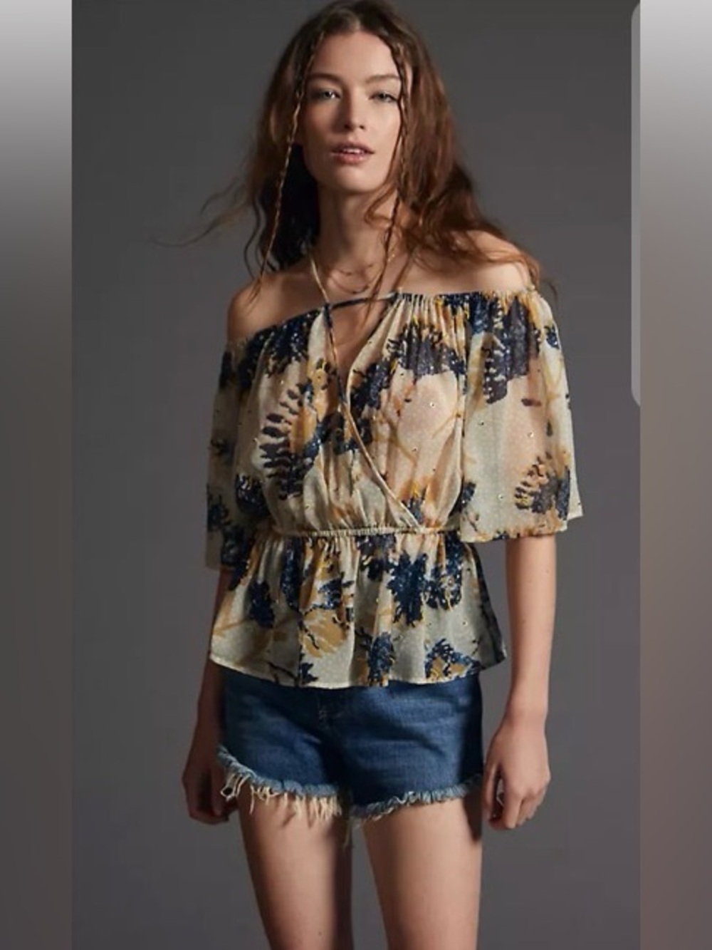 Anthropologie Let Me Be Off-The-Shoulder Sheer Wrap Blouse Abstract Size S - NWT